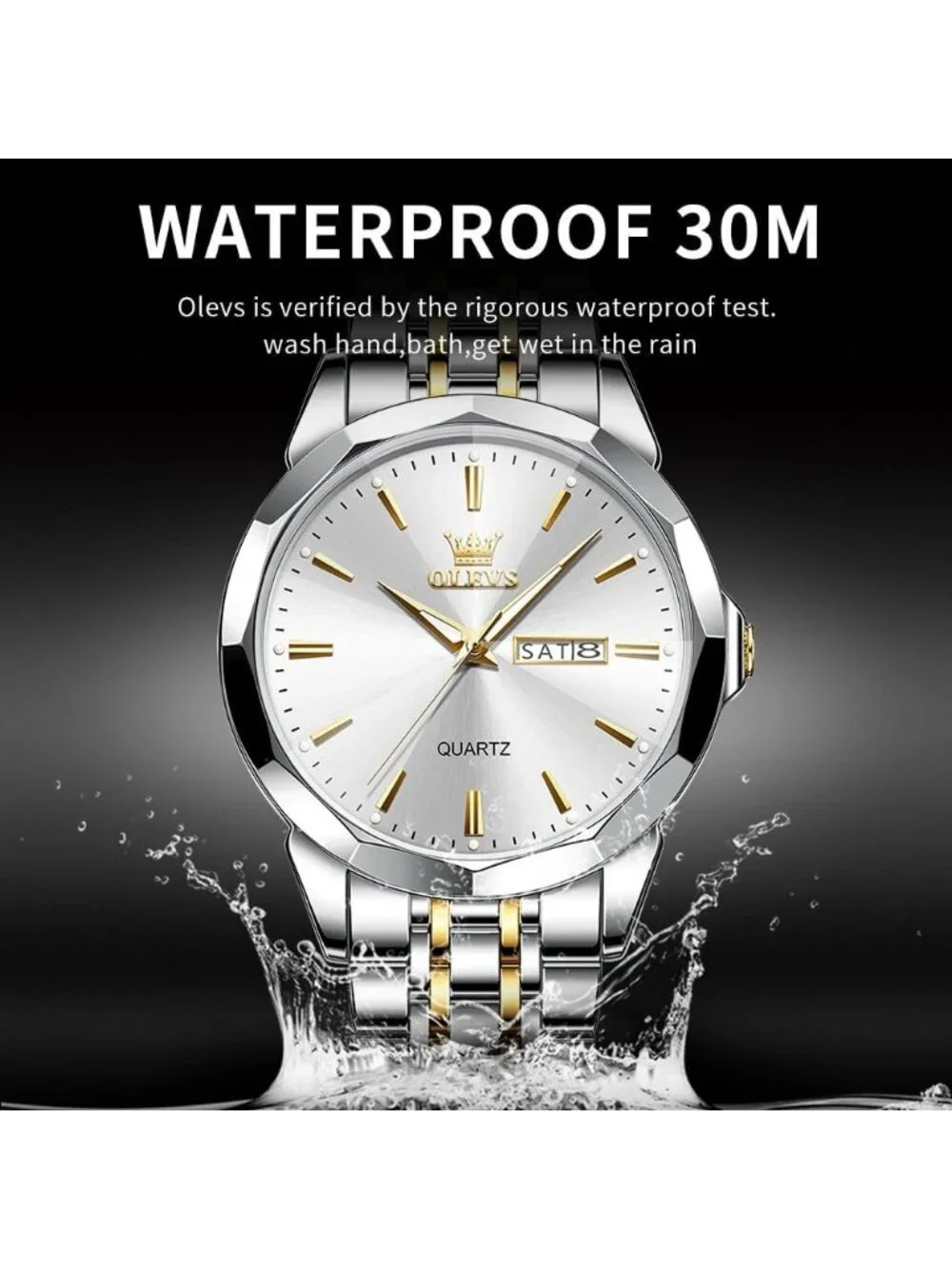 Men Silver Diamond Analog Quartz Stainless Waterproof Luminous Classic Watch